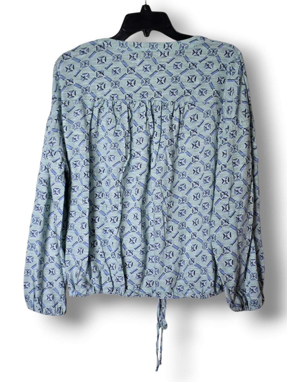 Wonderly Light Blue Geometric Tile Print Long Sleeve Tie Hem Blouse - Size Large - Picture 3 of 5
